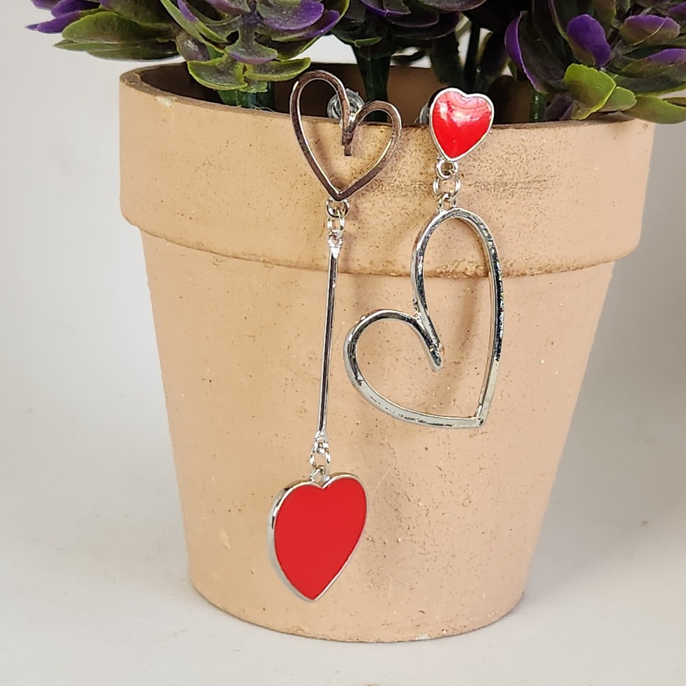 Asymmetrical Red Enamel Heart Dangle Earrings Silver Tone Mismatched 2.25"
